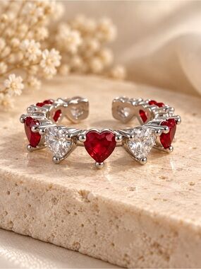 Red & Clear Heart Stone Open Adjustable Silver Tone Ring
